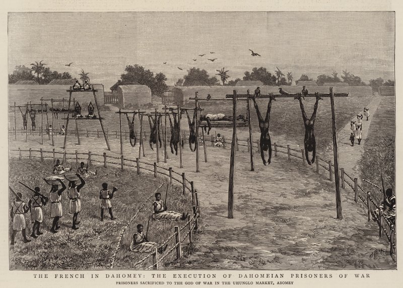 De Fransen in Dahomey, de executie van Dahomeese krijgsgevangenen (gravure) door English School