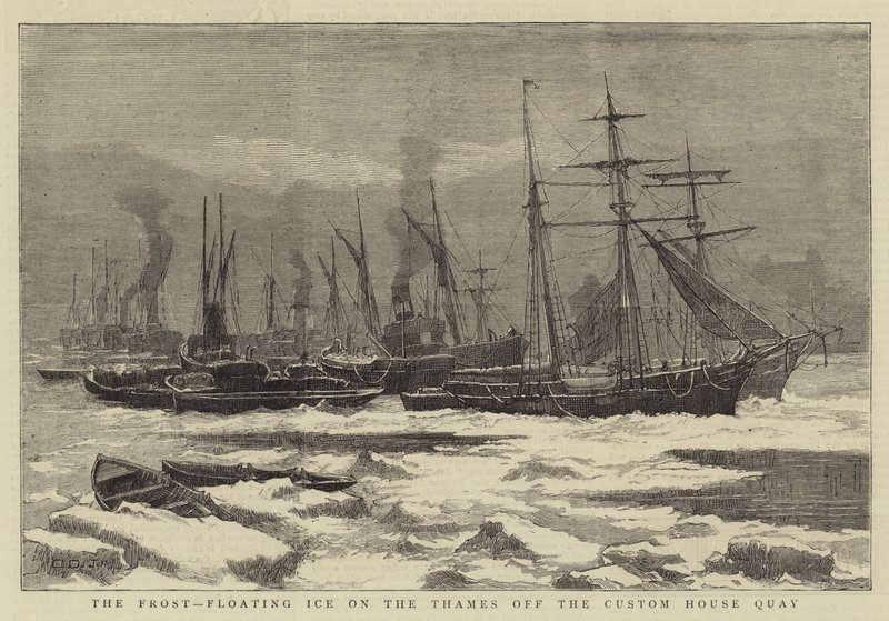 De Vorst, drijvend IJs op de Theems bij de Custom House Quay (gravure) door English School