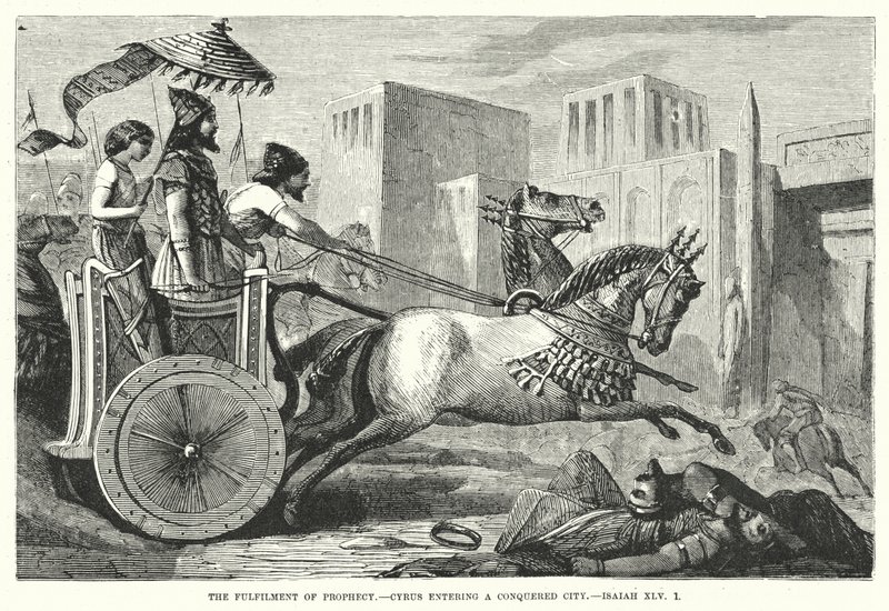 De vervulling van de profetie, Cyrus die een veroverde stad binnentreedt, Jesaja XLV door English School