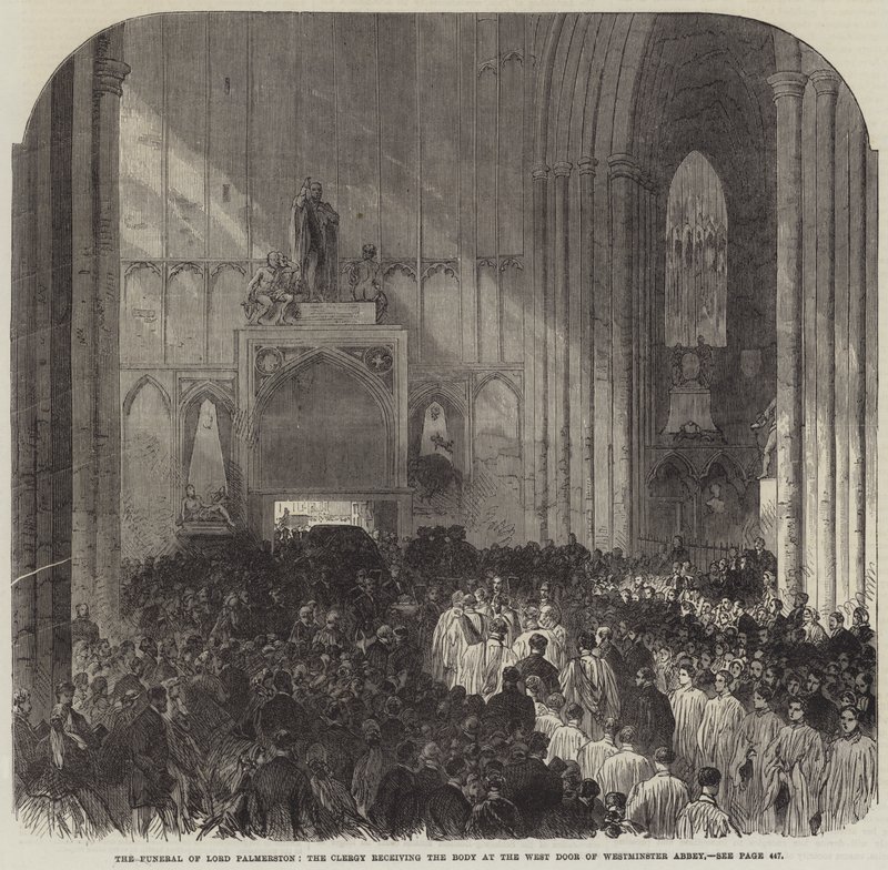 De Begrafenis van Lord Palmerston, de Geestelijkheid ontvangt het Lichaam bij de Westdeur van Westminster Abbey (gravure) door English School