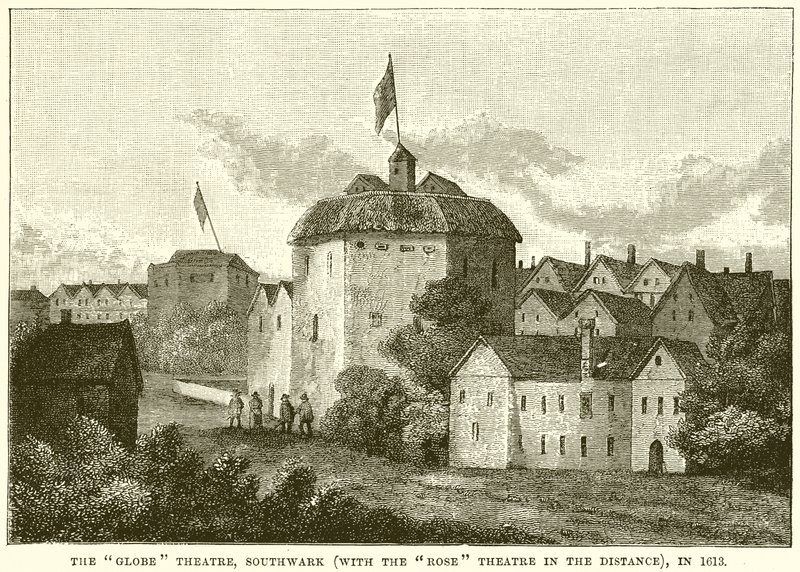 Het Globe Theater, Southwark (Met het Rose Theater in de Verte), in 1613 door English School