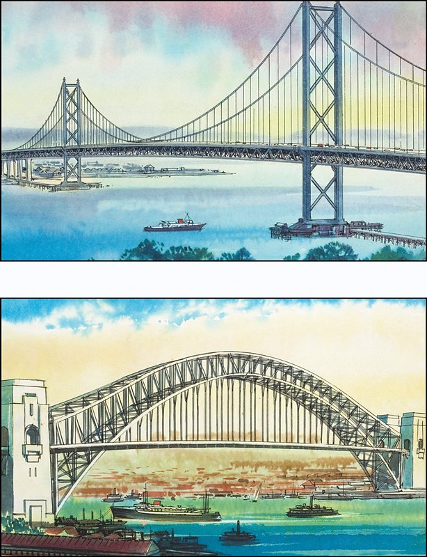 De Golden Gate Bridge in San Francisco en de Sydney Harbour Bridge door English School