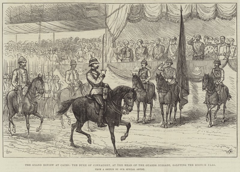 De Grote Parade in Caïro, de Hertog van Connaught, aan het Hoofd van de Guards Brigade, groetend de Britse Vlag door English School