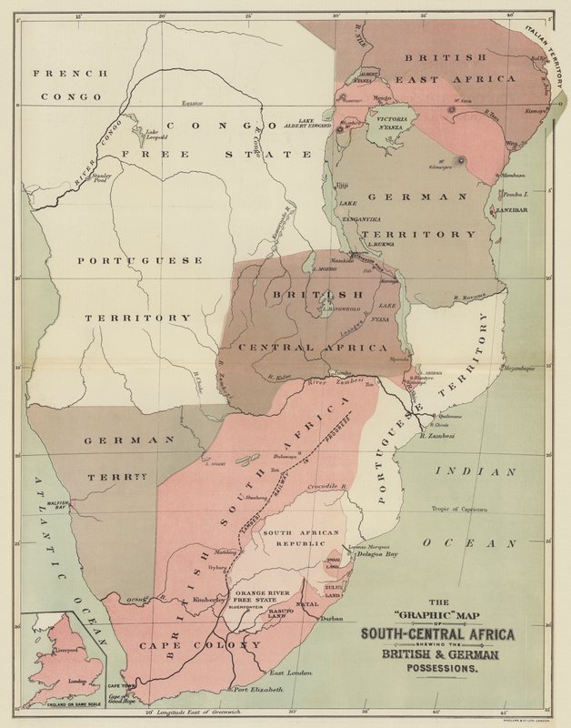 De Grafische Kaart van Zuid-Centraal Afrika met de Britse en Duitse Bezittingen (kleur litho) door English School