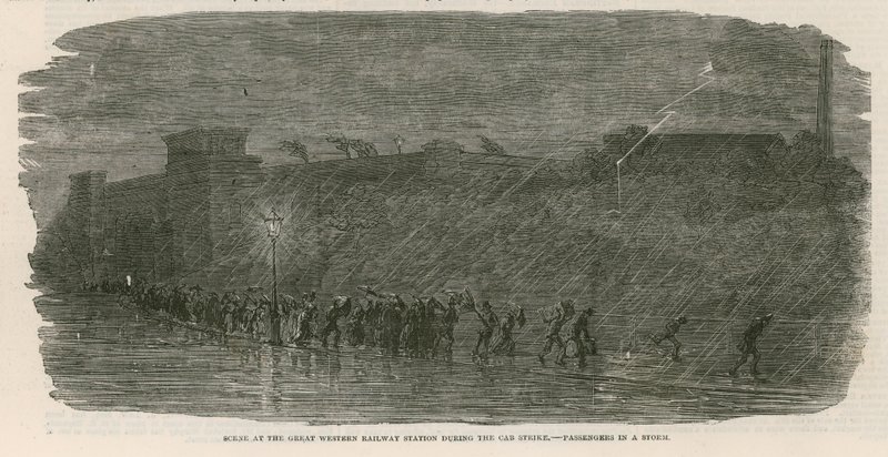 De Grote Cab Staking: Scène bij het Great Western Railway Station - passagiers in een storm door English School