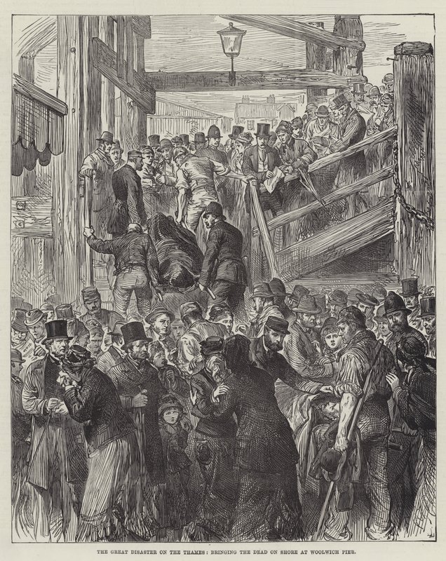 De Grote Ramp op de Thames, het Aan Wal Brengen van de Doden bij Woolwich Pier (gravure) door English School