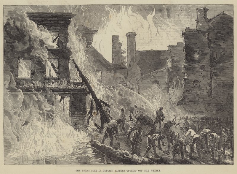 De grote brand in Dublin, sappers snijden de whisky af (gravure) door English School