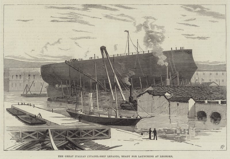 Het grote Italiaanse citadel-schip Lepanto, klaar voor tewaterlating in Livorno door English School