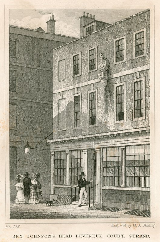The Grecian Coffee House, Devereux Court, Strand, met een buste van Ben Johnson door English School