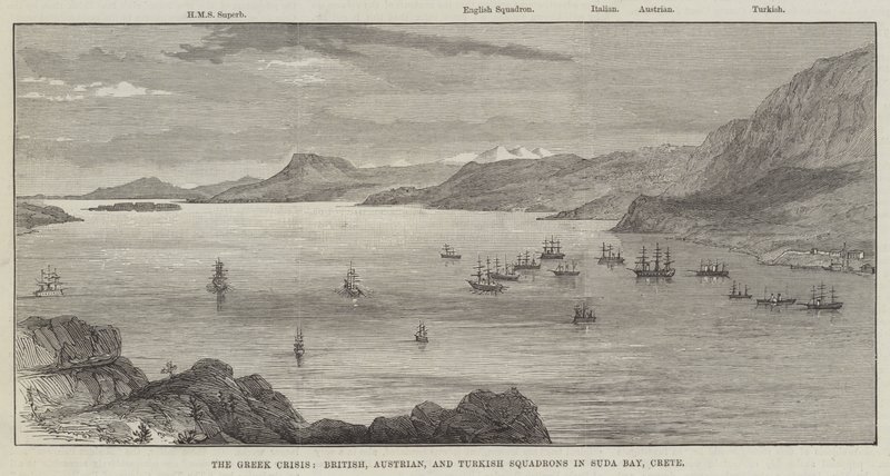 De Griekse crisis, Britse, Oostenrijkse en Turkse eskaders in Suda Bay, Kreta door English School