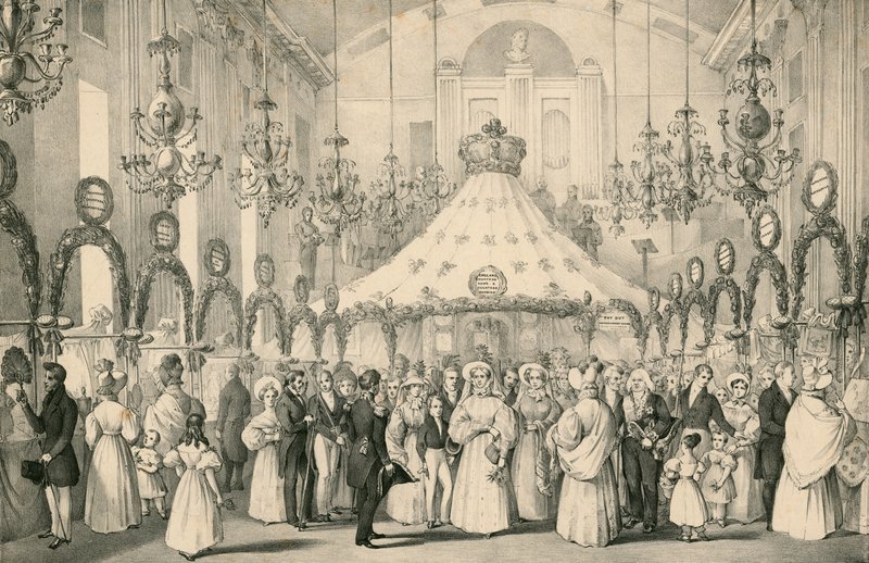 De Hanover Square Rooms toen koningin Victoria de privévoorstelling van de fancy fair bezocht ten behoeve van buitenlanders in nood, gehouden op 19 juni 1833 door English School