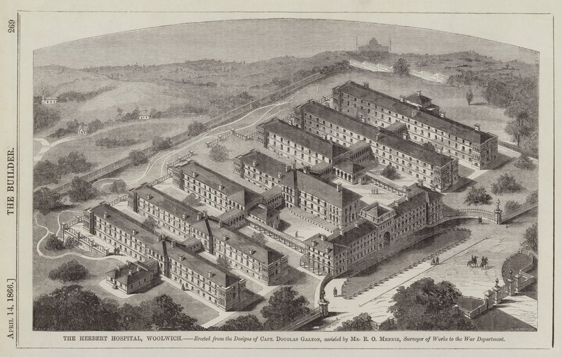 Het Herbert Ziekenhuis, Woolwich, gebouwd naar de ontwerpen van Kapitein Douglas Galton, bijgestaan (gravure) door English School