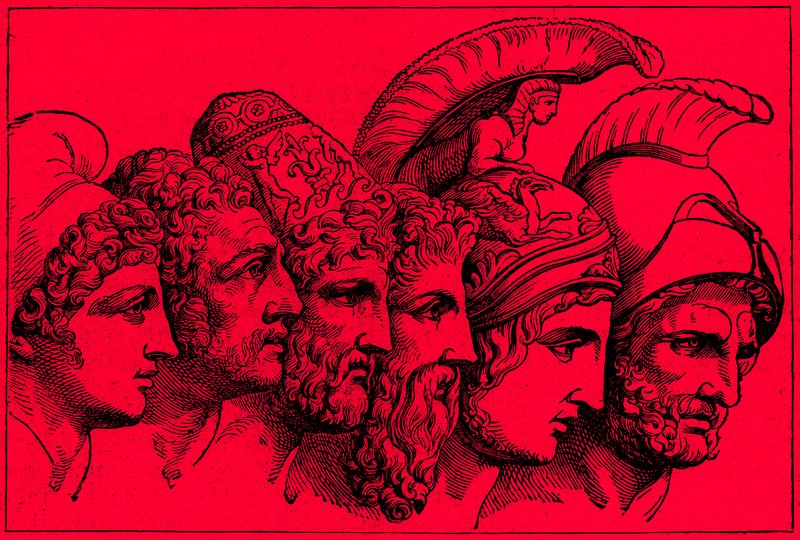 De helden van de Trojaanse oorlog: Paris, Diomedes, Odysseus, Nestor, Achilles, Agamemnon, illustratie uit De Geïllustreerde Geschiedenis van de Wereld, gepubliceerd ca. 1880 door English School