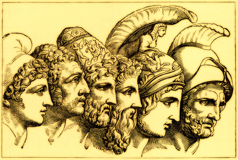 De helden van de Trojaanse oorlog: Paris, Diomedes, Odysseus, Nestor, Achilles, Agamemnon, illustratie uit De Geïllustreerde Geschiedenis van de Wereld, gepubliceerd ca. 1880 door English School