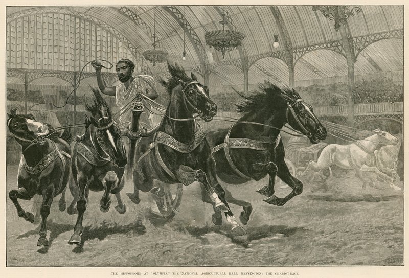 Het Hippodrome in Olympia, de Nationale Landbouwhal, Kensington, Londen: De Wagenrace door English School