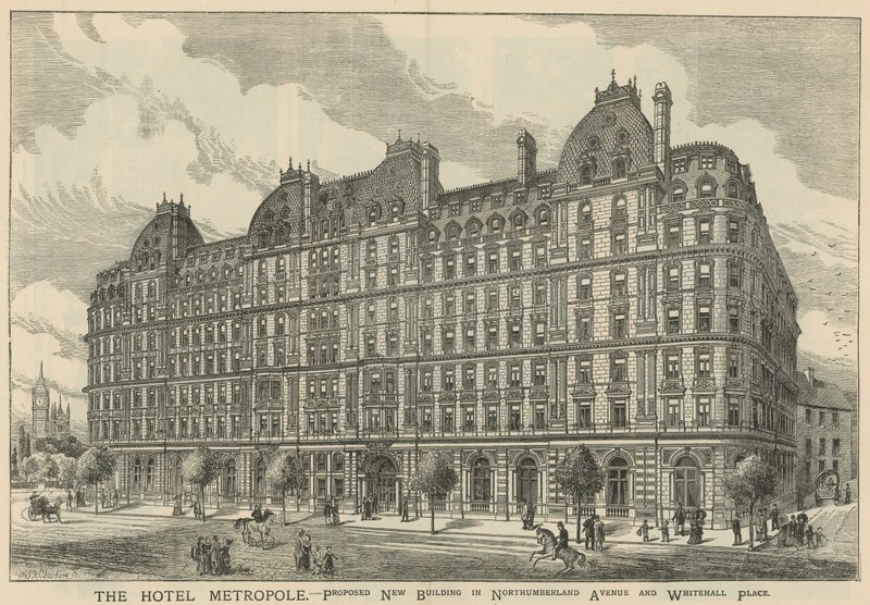 Het Hotel Metropole, voorgesteld nieuw gebouw in Northumberland Avenue en Whitehall Place door English School