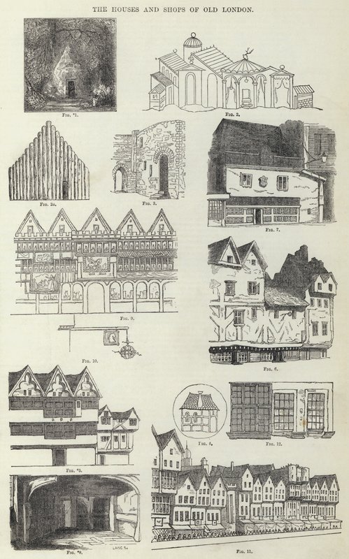 De Huizen en Winkels van Oud Londen (gravure) door English School