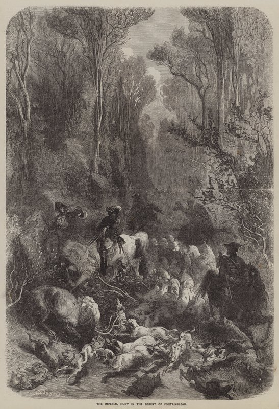 De keizerlijke jacht in het bos van Fontainebleau (gravure) door English School