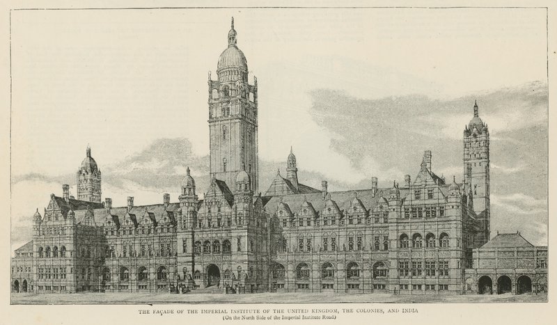 Het Imperial Institute: Gevel van het gebouw aan de noordzijde van de Imperial Institute Road door English School
