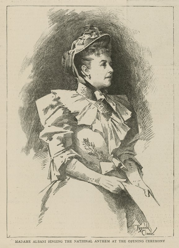 Het Imperial Institute: Madame Albani zingt het volkslied bij de openingsceremonie door English School