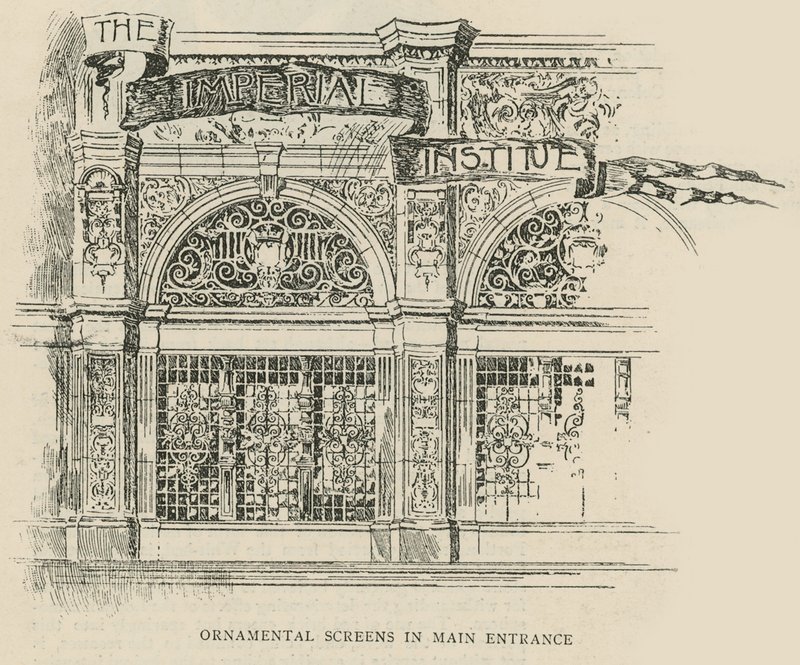 Het Imperial Institute: Decoratieve schermen bij de hoofdingang door English School