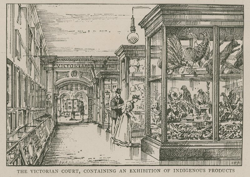 Het Imperial Institute: De Victoriaanse Hof, met een tentoonstelling van inheemse producten door English School