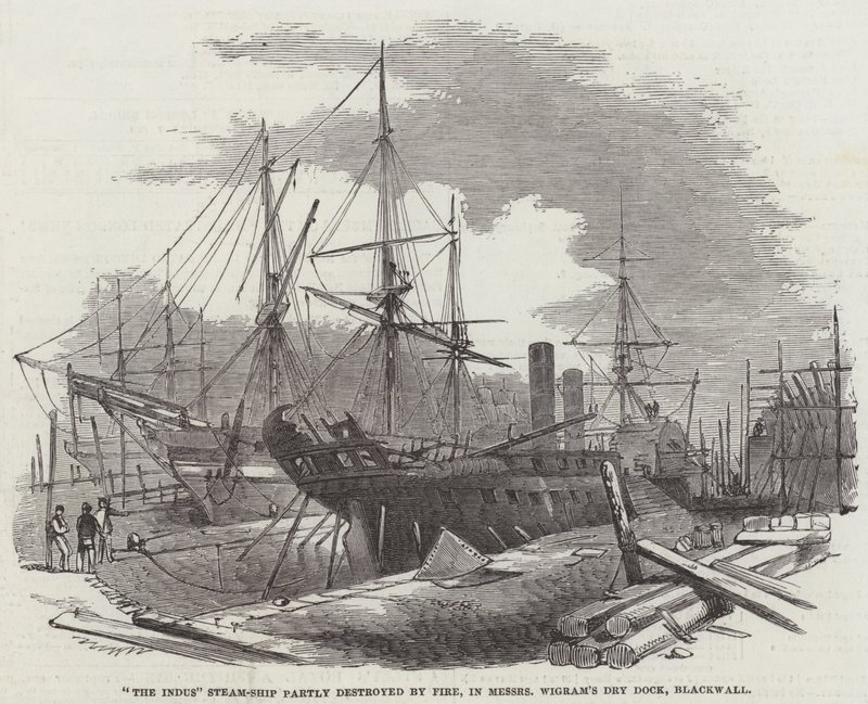"The Indus" stoomschip gedeeltelijk verwoest door brand, in de droogdok van Messers Wigram, Blackwall door English School