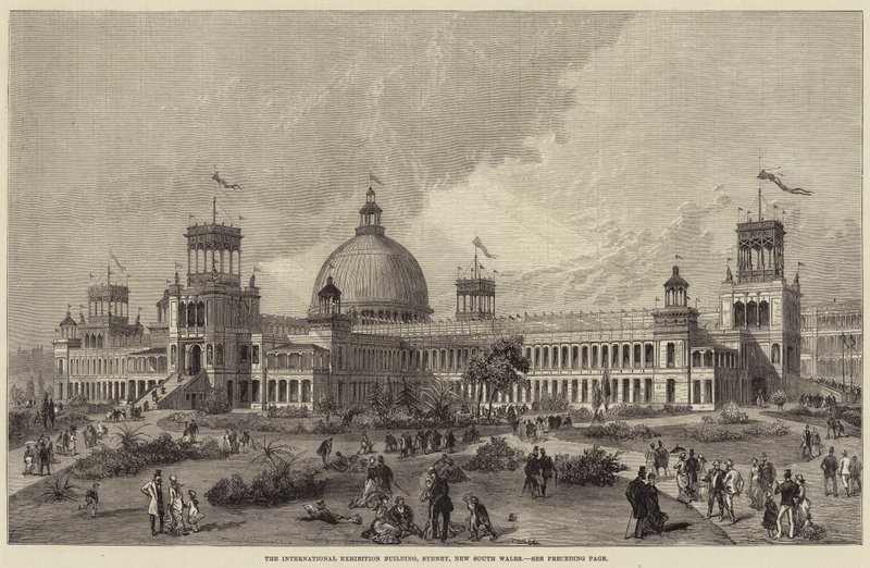 Het Internationale Tentoonstellingsgebouw, Sydney, New South Wales (gravure) door English School