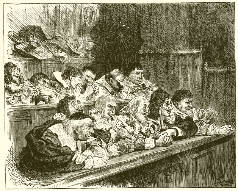 De Jury. Meneer Blinde Man, Meneer Kwaadwilligheid, Meneer Liefde Lust, Meneer Leef Los, Meneer Hoofd, Meneer Hoogmoed, Meneer Vijandschap, Meneer Leugenaar, Meneer Wreedheid, Meneer Haat Licht, Meneer Onverzoenlijk door English School