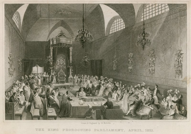 De Koning schorst het Parlement, in het Hogerhuis, april 1831 door English School