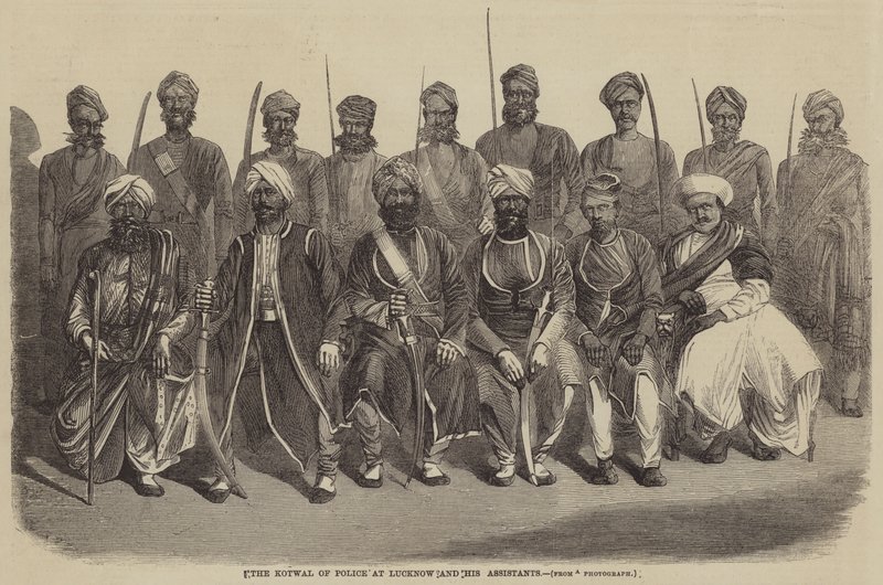 De Kotwal van de politie in Lucknow en zijn assistenten (gravure) door English School