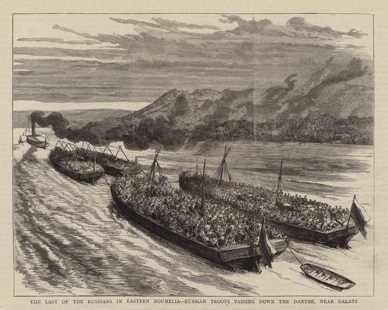 De laatste van de Russen in Oost-Roemelië, Russische troepen die de Donau passeren, nabij Galatz door English School