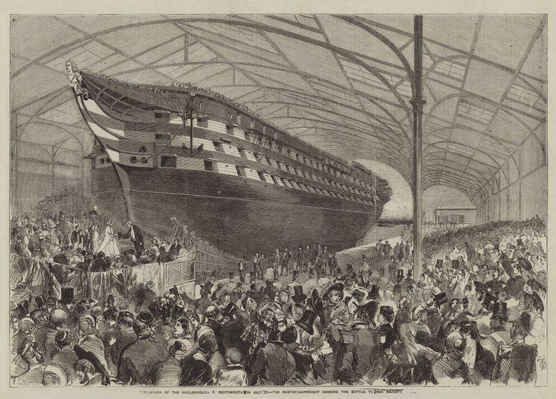 De Lancering van de Marlborough in Portsmouth op 31 juli, de Meester-scheepsbouwer overhandigt de Fles aan Hare Majesteit door English School