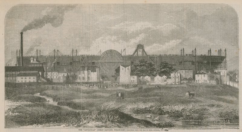 De Leviathan (Great Eastern) stoomschip, geschetst vanaf het Isle of Dogs, oktober 1857 door English School