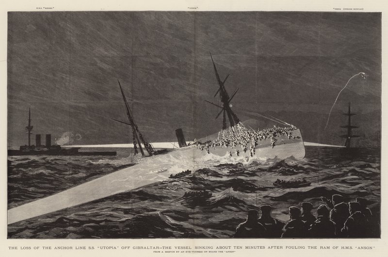 Het Verlies van de Ankerlijn SS "Utopia" bij Gibraltar, het Schip zinkt ongeveer tien minuten na het raken van de Ram van HMS "Anson" door English School