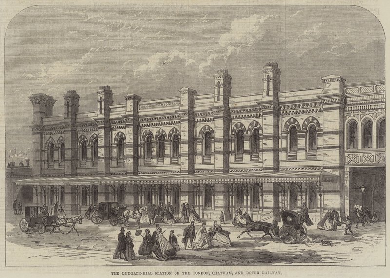 Het Ludgate-Hill Station van de London, Chatham, en Dover Spoorweg (gravure) door English School