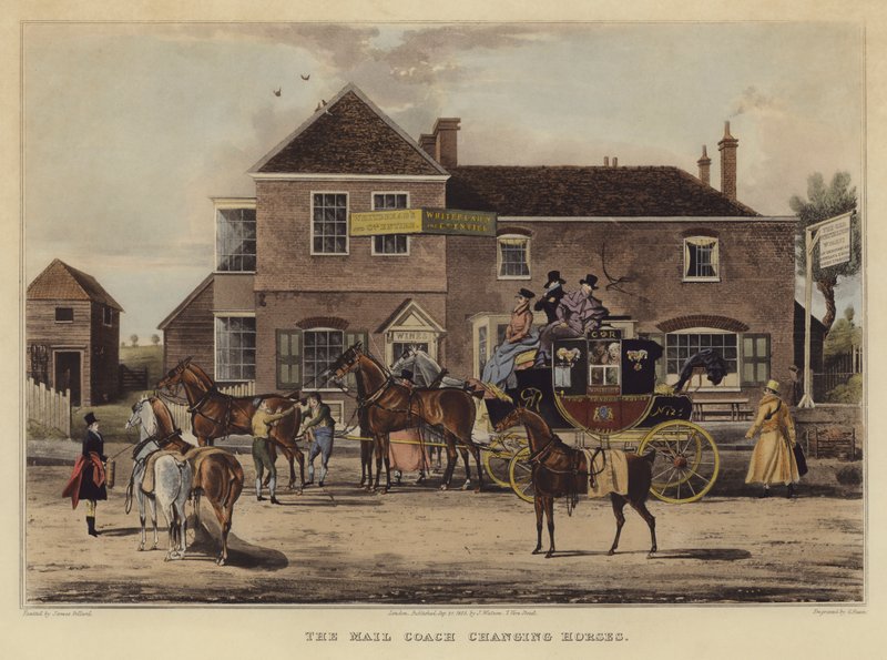 De postkoets wisselt van paarden door English School