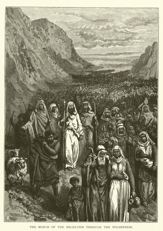 De Tocht van de Israëlieten door de woestijn (gravure) door English School