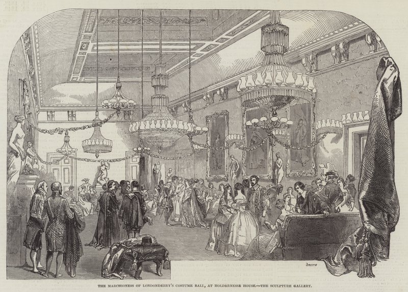 Het Kostuumbal van de Markiezin van Londonderry, in Holdernesse House, de Beeldengalerij door English School