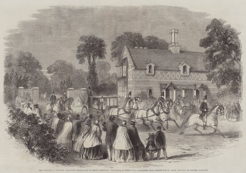 Het Huwelijk van Prinses Alice met Prins Louis van Hessen Darmstadt, Vertrek van Hunne Koninklijke Hoogheden van Osborne naar St Clare, het Landgoed van Kolonel Harcourt door English School