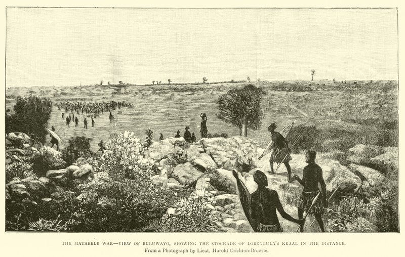 De Matabele Oorlog, uitzicht op Buluwayo, met de omheining van Lobengula