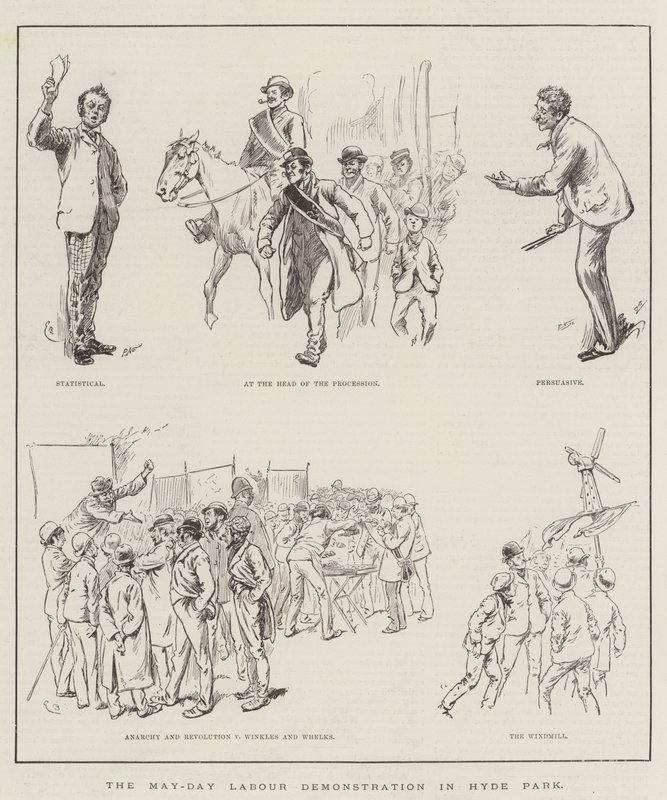 De 1 mei demonstratie van arbeiders in Hyde Park (gravure) door English School