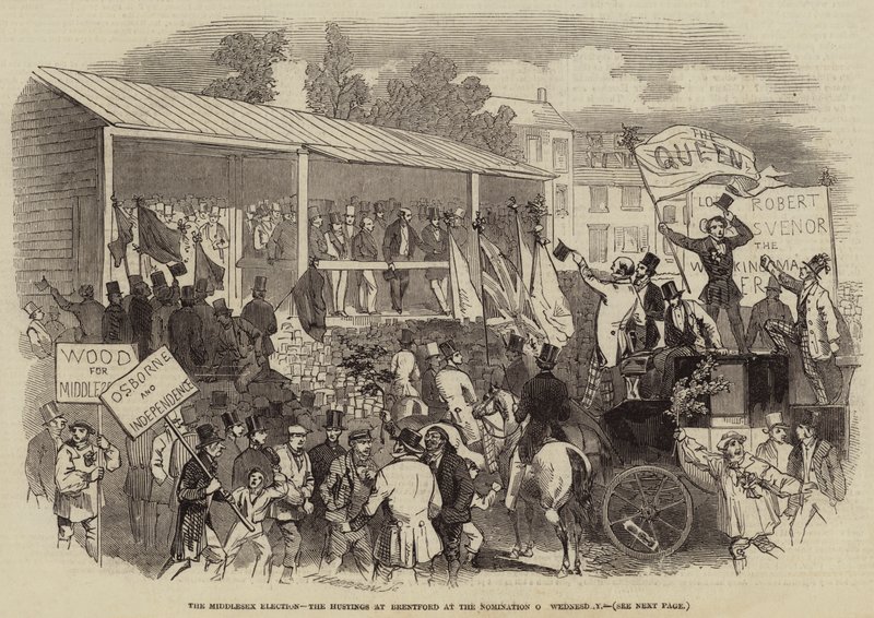 De Middlesex Verkiezing, de Hustings in Brentford bij de Nominatie op Woensdag (gravure) door English School