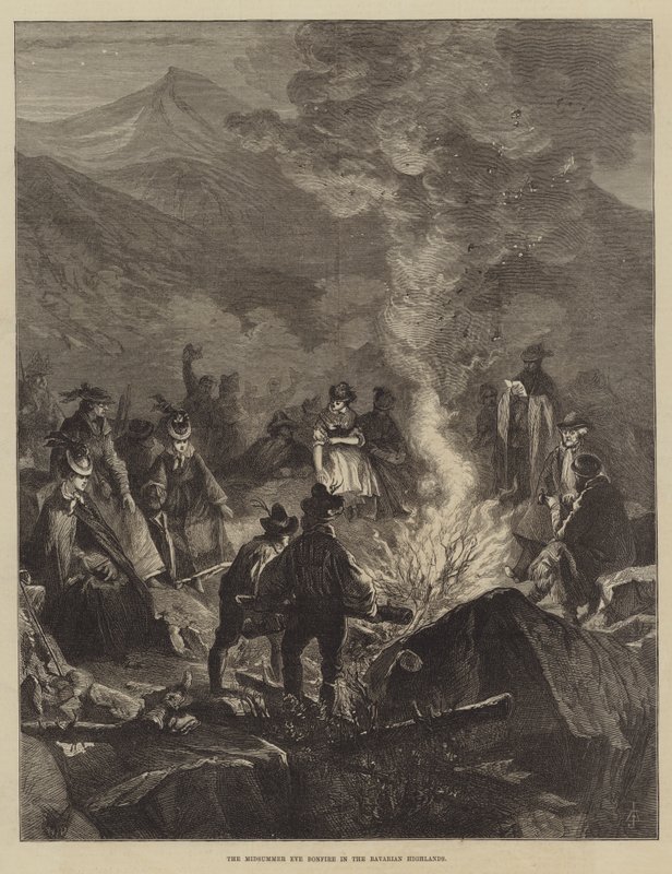 De midzomeravond vreugdevuur in de Beierse Hooglanden (gravure) door English School