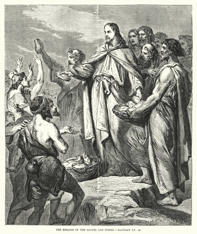 Het wonder van de broden en vissen, Matteüs XV, 36 door English School