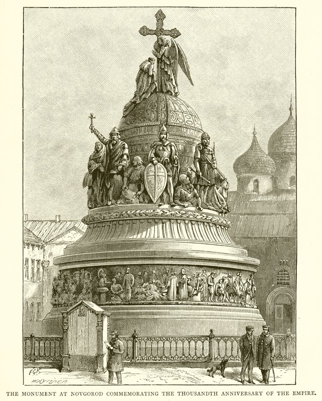 Het monument in Novgorod ter herdenking van het duizendjarig bestaan van het rijk, 1862 door English School