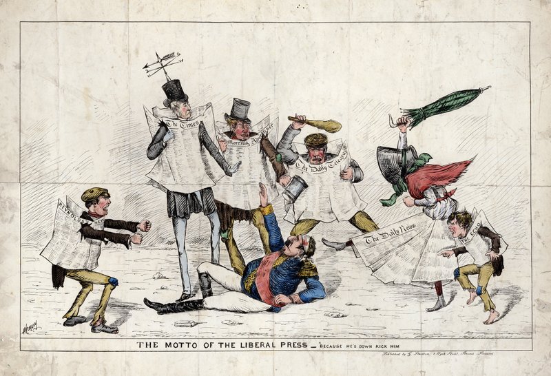 Het Motto van de Liberale Pers, toont Napoleon III aangevallen door de Britse pers door English School