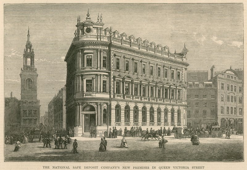 De nieuwe panden van de National Safe Deposit Company in Queen Victoria Street, Londen door English School