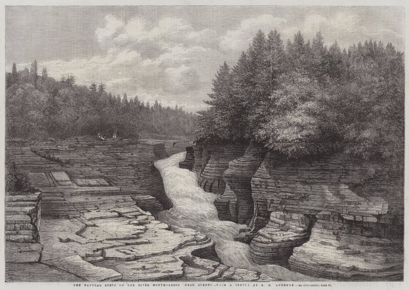 De natuurlijke trappen aan de rivier Montmorency, nabij Quebec (gravure) door English School