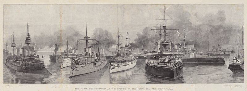 De marinedemonstratie bij de opening van het Noordzee- en Baltische Kanaal (gravure) door English School